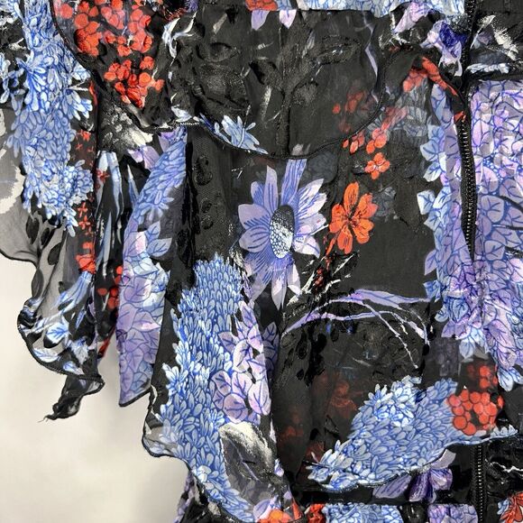 Alice + Olivia Size 10 Nichola Black Blue Red Cold Shoulder Ruffled Floral Dress - Picture 12 of 16